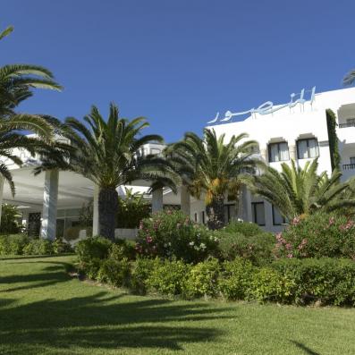 palmiers avec en arrière plan l'hôtel