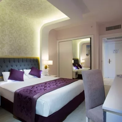 chambre avec un lit double et un bureau