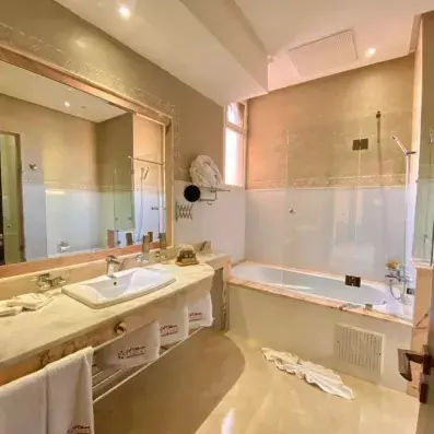 salle de bain avec une vasque avec un lavabo intégré et un grand miroir, juste à côté il y a la baignoire