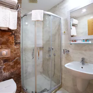 salle de bain avec douche et toilette et lavabo
