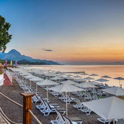 plage avec transats et parasols 