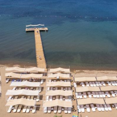 plage avec transats et parasols