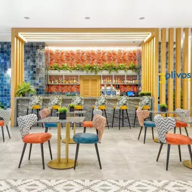 bar avec comptoir coloré et plantes