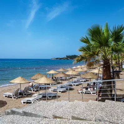 plage avec transats et parasols