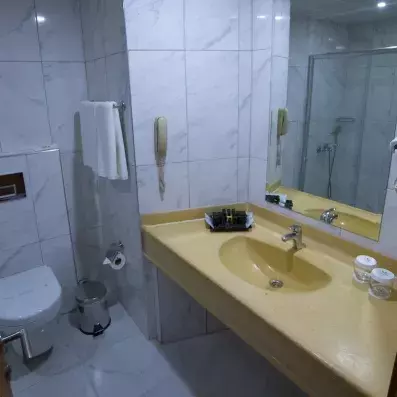 salle de bain avec toilette et lavabo ainsi qu'un miroir 