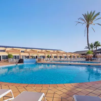 piscine extérieure avec palmiers et vue sur l'hôtel