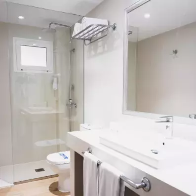 salle de bain avec douche et miroir
