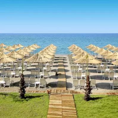 plage avec transats et parasols 