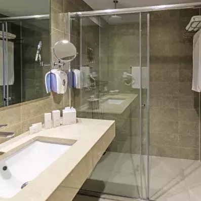 salle de bain avec douche et miroir et lavabo
