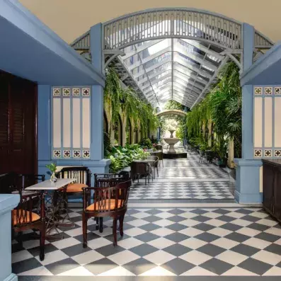 hall entrée avec un long couloir avec des plantes et des chaises 