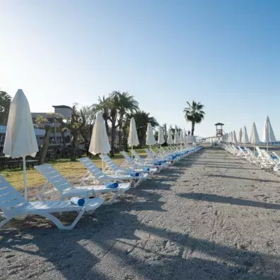 plage avec transats et parasols