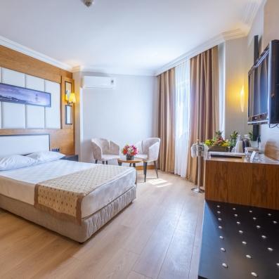 chambre avec lit double, télévision et table basse