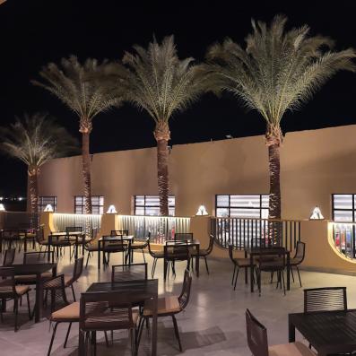 terrasse de restauration de nuit avec palmiers tables chaises et lumières