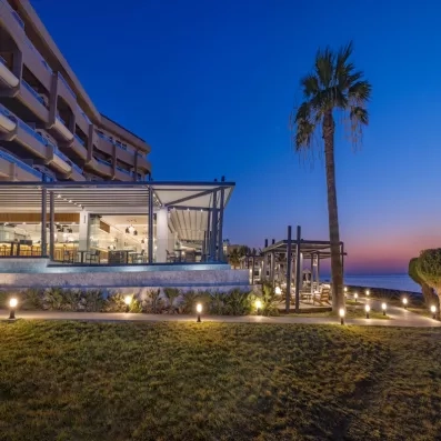 partie extérieur, jardin, palmier, plage, terrasse, coucher de soleil, beach bar