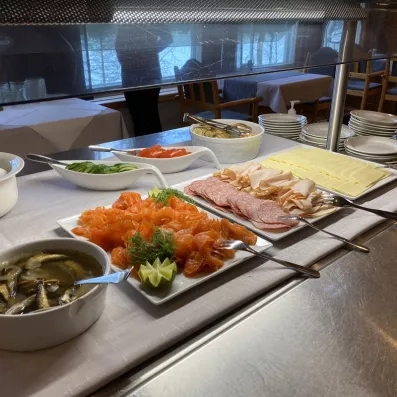 Un buffet froid propose du saumon fumé, de la charcuterie, du fromage et des légumes soigneusement