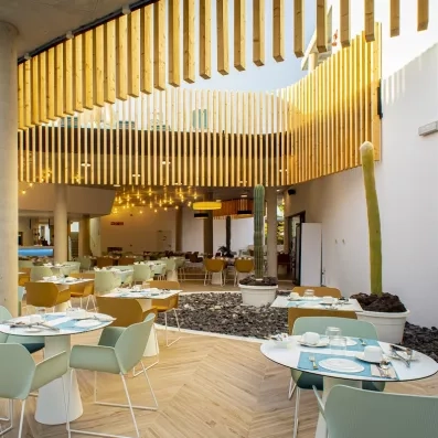 Une vue du restaurant mêlant intérieur et extérieur, avec de grands cactus décoratifs.