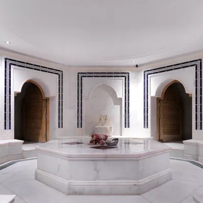 Espace de détente avec un bain turc en marbre gris.