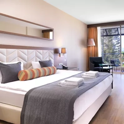 Une grande chambre moderne avec un grand lit double et une grande fenêtre.