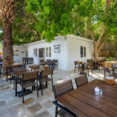Une terrasse de restaurant extérieur entouré de verdure.