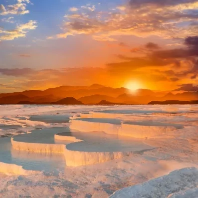Des vasques remplies d'eau thermale turquoise brillent sous un coucher de soleil flamboyant.