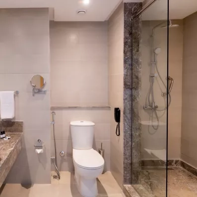 salle de bain toilettes blancs fermés et douche à l'italienne