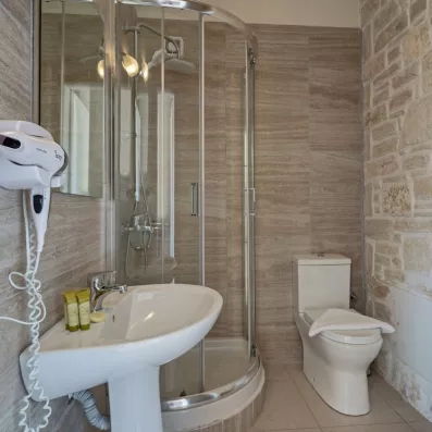 Salle de bain avec douche et lavabo et miroir.