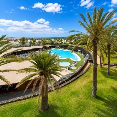 Une vue aérienne montre une piscine entourée de chaises longues et de nombreux palmiers.