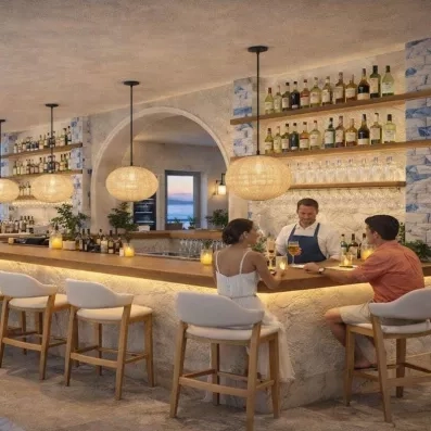 bar avec barman et clients prenant un verre