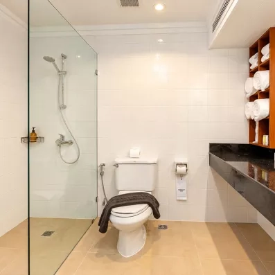 Salle de bain au style contemporain avec une douche à l'italienne et un toilette.