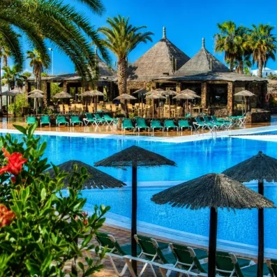 Une piscine bleu bordée de palmiers et de parasols sous un soleil éclatant.