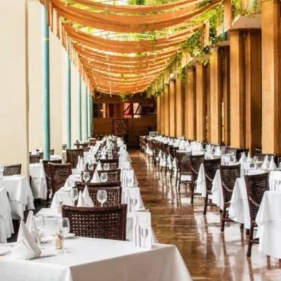 Une salle à manger lumineuse avec plusieurs tables et chaises
