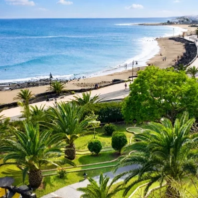 Une vue plongeante sur des jardins tropicaux luxuriants bordant une promenade et une plage.