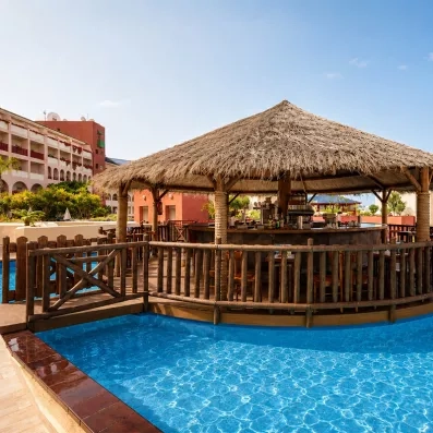 Un bar de piscine au toit de chaume de style paillote est installé juste au bord de l'eau turquoise.