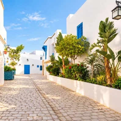 ruelle pavée avec maison blanches et volets bleus