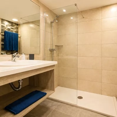 Une salle de bain moderne, comprenant une grande vasque et une douche à l'italienne.