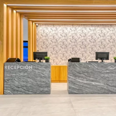 Un espace de réception moderne et élégant avec deux comptoirs en pierre grise.