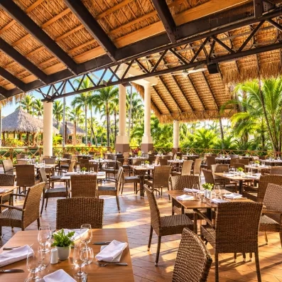 Une terrasse de restaurant couverte, entourée d'une végétation et meublée de nombreuses tables en bois.