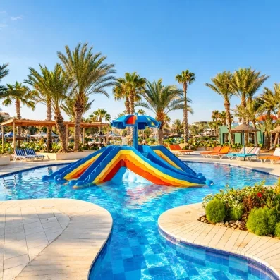 Pataugeoire pour enfants avec toboggan champignon à l'hôtel Welcome Meridiana Djerba.