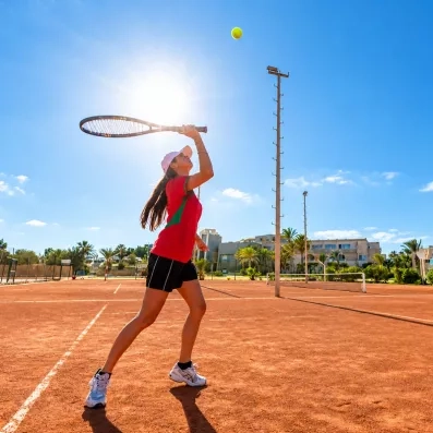 Court de tennis en terre battue à l'hôtel resort Welcome Meridiana Djerba.
