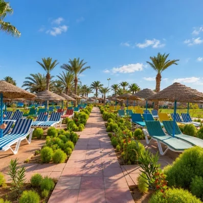 Allée bordée de verdure, transats et parasols en paille au Welcome Meridiana Djerba
