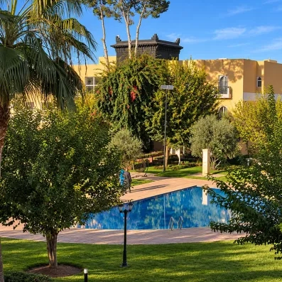 piscine entouré d'un jardin avec des arbres