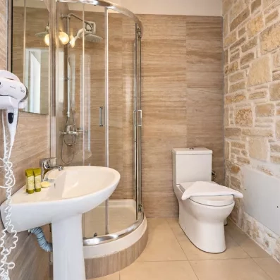 Salle de bain avec douche et lavabo et miroir.