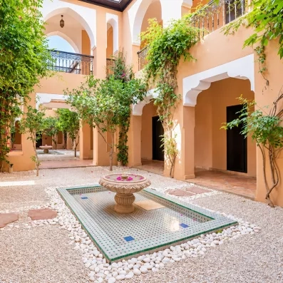 coure intérieure avec fontaine et palmiers