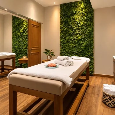Table de massage, serviettes, fleur de lotus dans une assiette, grand miroir, plante sur une petite table, gazon sur le mur