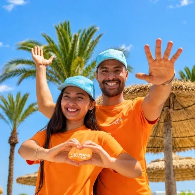 Équipe d'animation souriante en casquette et t-shirt orange du Mondi Club Nozha Beach.