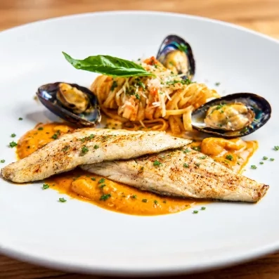 Plat de filets de poisson grillés et pâtes aux moules préparé par les chefs du Mondi Club Nozha Beach.