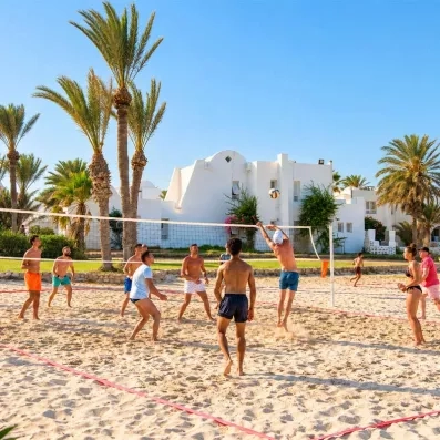 Partie de beach-volley sur le terrain en sable de l'hôtel tout inclus Mondi Club Djerba