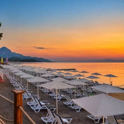 plage avec transats et parasols