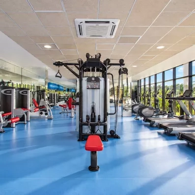 salle de fitness, large choix de machines de sport, tapis de course, bancs de développé couché, sol bleu