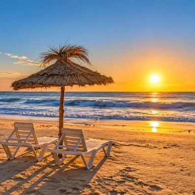 Coucher de soleil sur la plage privée du Mondi Club Shalimar à Hammamet Tunisie